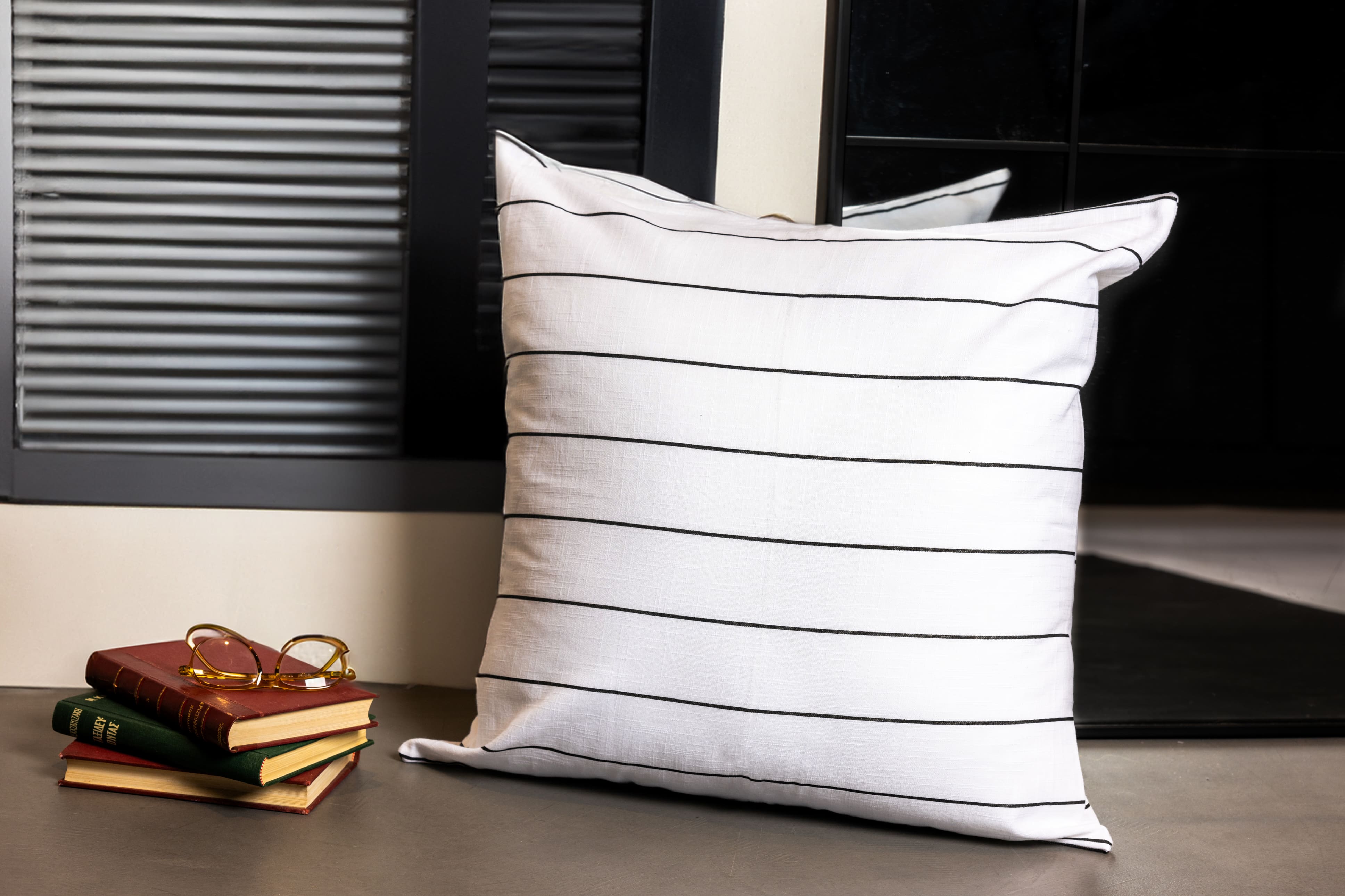  COTTON CUSHION 45x45 BEIGE WITH THIN BLACK STRIPES