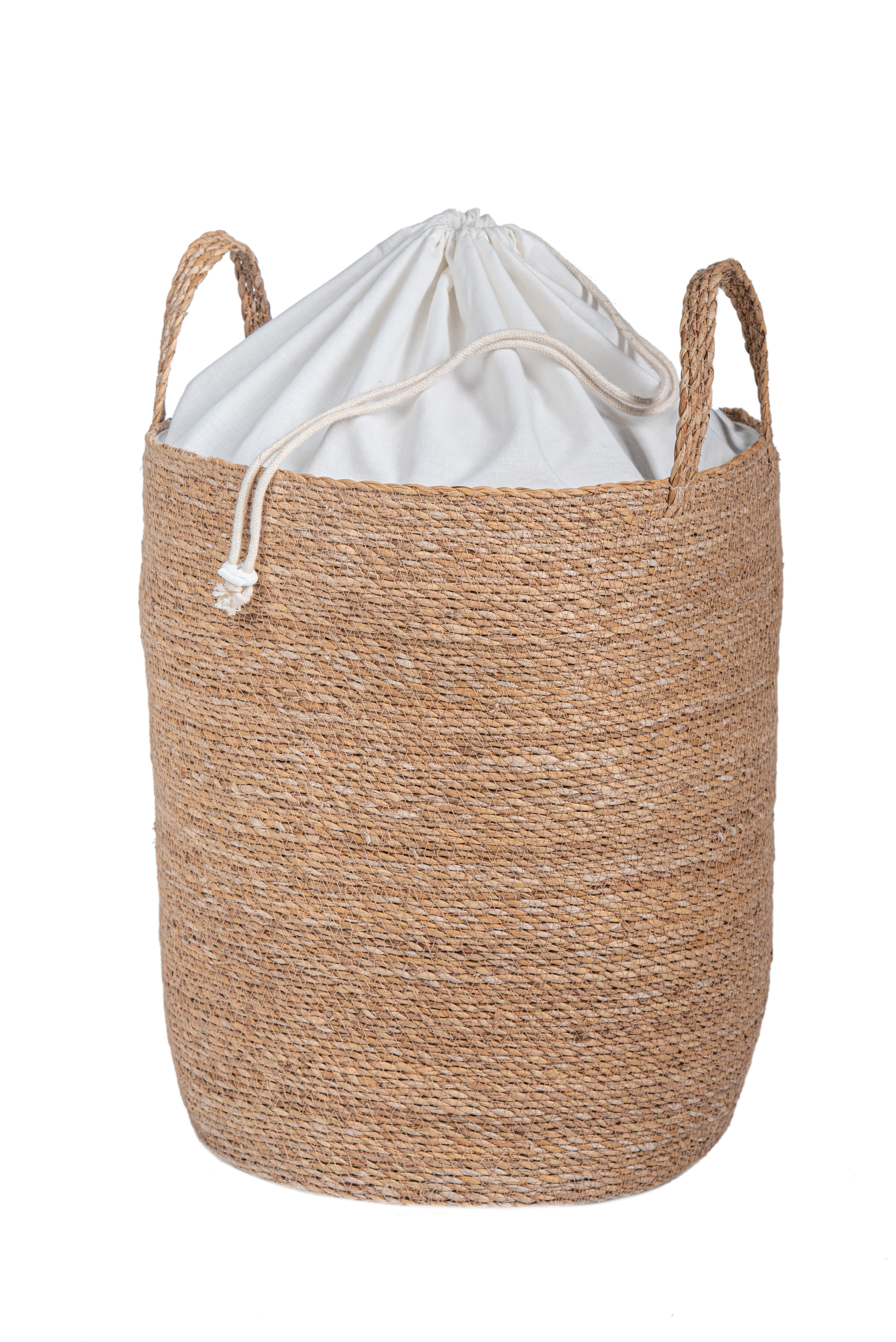 SEAGRASS LAUNDRY BASKET WITH ECRU FABRIC 40X55CM